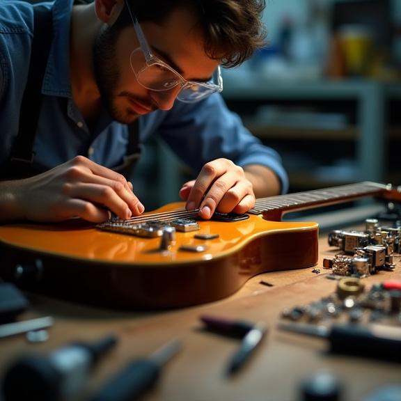 A technician carefully working on the electronics of a guitar at a workbench.