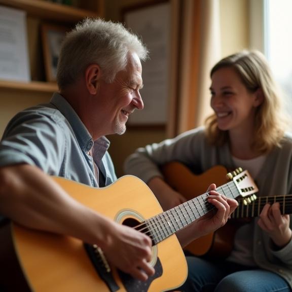 A friendly instructor teaching a student how to play the guitar.